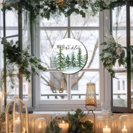 Whaline Christmas Hello Winter Wooden Hanging Sign Christmas Pine Trees Welcome Door Sign Xmas Winter Holiday Farmhouse Rustic Wreath Sign for Indoor Outdoor Home Wall Window Decor