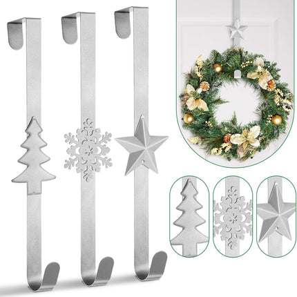 Whaline 3Pcs Christmas Wreath Hanger Over The Door Metal Wreath Hook Star Snowflake Christmas Tree Wreath Holder for Xmas Party Decor Door Wall Home Office, Silver, 15in
