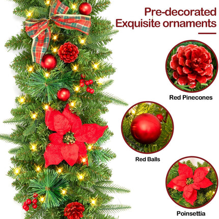 Prelit 9FT Christmas Garland with Berries and Balls,Pine Cone,Golden Flower and 50 Battery Operated Soft White LED Lights with Timer,Artificial Holiday Decoration Door Outdoor (Red)