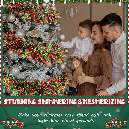 177 Feet Christmas Tinsel Garland Metallic Christmas Tree Garland Shiny Hanging Christmas Tree Tinsel Garland Ornaments for Indoor Outdoor Party Wedding Holiday (Red Green Gold)