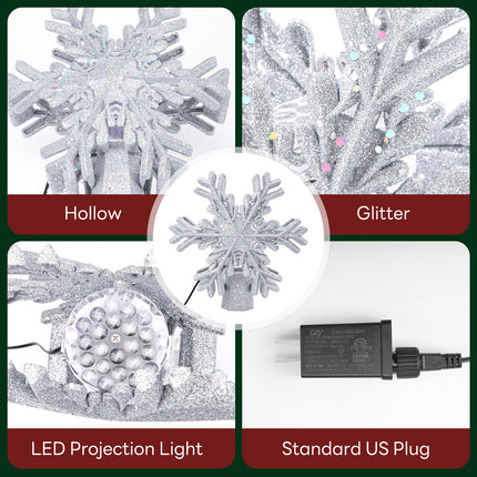 Christmas Tree Topper Lighted Star Tree Topper with Rotating Snowflake Projector Lights, LED Silver Snowflakes Tree Topper for Xmas Tree Decorations (Silver Snow)