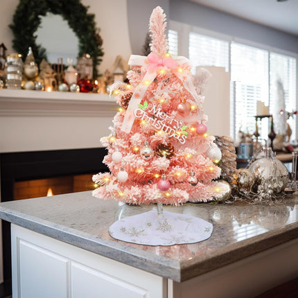 Small Christmas Tree Pink - Mini Christmas Tree Pink, Flocked Christmas Tree Small, Pink Christmas Tree Dcorated, Comes with Ornaments, 2ft Tabletop Christmas Tree with Tree Skirt