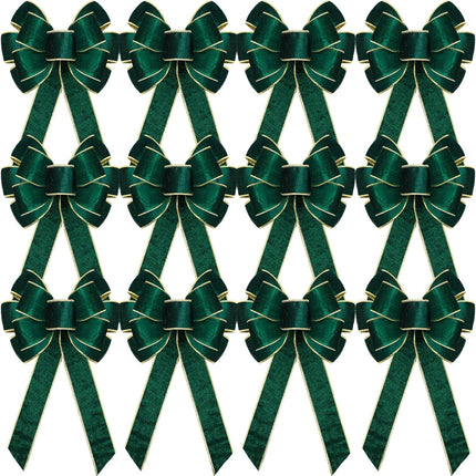 Lenwen 12 Pcs Large Christmas Bows 11 x 19.6 inch Velvet Christmas Wreath Bows Christmas Tree Topper Bow with Golden Edge Big Xmas Ornament for Wreath Home Front Door Decor (Green)