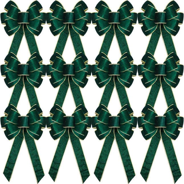 Lenwen 12 Pcs Large Christmas Bows 11 x 19.6 inch Velvet Christmas Wreath Bows Christmas Tree Topper Bow with Golden Edge Big Xmas Ornament for Wreath Home Front Door Decor (Green)