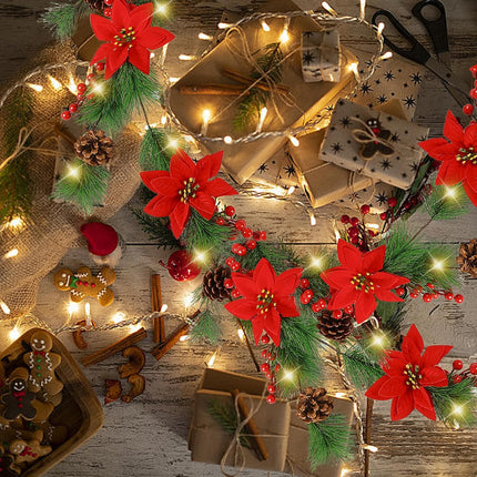 Christmas Garland 6.8FT Real Touch Norfolk Pine Garland Poinsettia Christmas Mantle Garland with 30 Lights Red Berry Cones for Fireplace Party Holiday Door Table Staires Railing Decor
