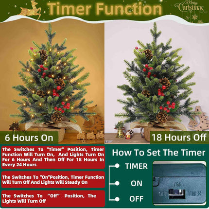 2 Pack 24 Inch Tabletop Small Christmas Trees with Lights Timer Full PE Pine Artificial Mini Christmas Tree Realistic-Feel Tips Red Berries Pinecone Stable Base Christmas Decorations Indoor Xmas Home