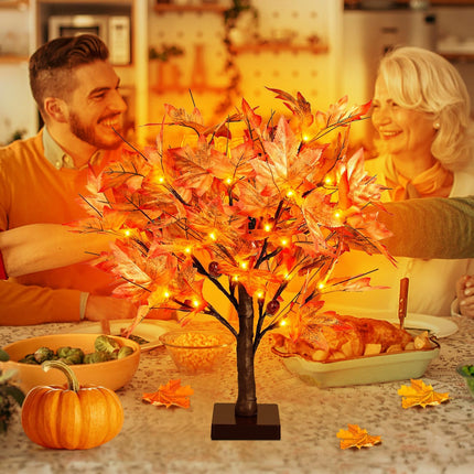 FastDeng 1.5ft Lighted Maple Tree, Artificial Fall Tree Light, Timer 36 LED Light, 72 Leaves, 6 Acorns Autumn Tabletop Tree Battery Operated for Indoor Fall Harvest Home Decor, Thanksgiving Decoration