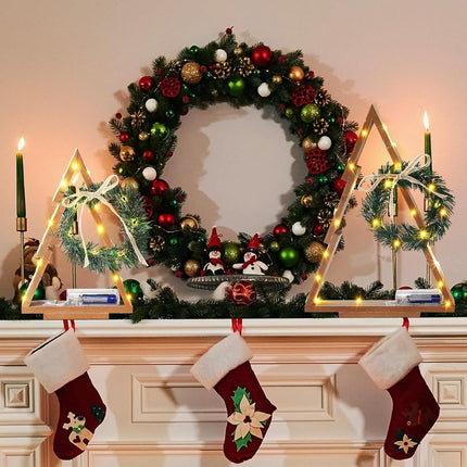 Leinuosen Set of 2 Wood Christmas Tree with Lights Farmhouse Lighted Wooden Christmas Tree with Mini Xmas Wreath and Bow for Home Tabletop Fireplace Mantle Shelf Decor Holiday Centerpiece Decorations