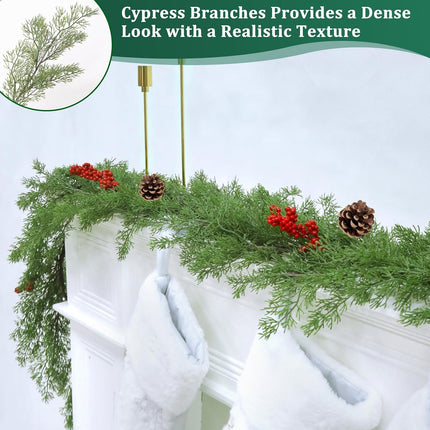 6Ft 20LED Christmas Garland - Cedar Garland - Cypress Garland Realistic-Feel PE Pine Garland Christmas Garland with Lights Timer Pinecone Berried Christmas Decoration for Mantle Fireplace Table Stairs
