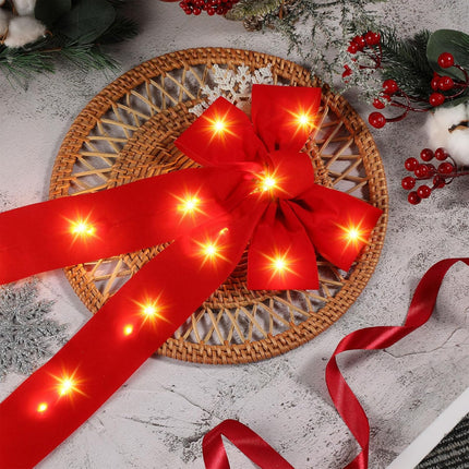 Crowye 12 Pcs Red LED Christmas Bows Lighted Xmas Bows Decoration Red Velvet Wreath Bows LED Light Bows Christmas Tree Topper for Indoor Outdoor Christmas Winter Decoration(8 x 19 Inches)