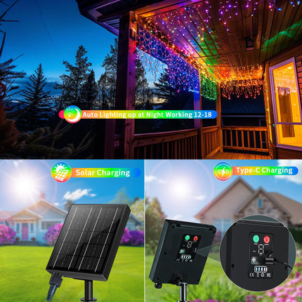 Solar Icicle Christmas Lights Outdoor 60+16Ft 600 LED Icicle Lights for Outside with 120 Drops 8 Modes Remote Dimmable Connectable Icicle Fairy Lights for Xmas Yard Eaves Balcony House Decorations
