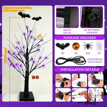 Halloween Decorations Indoor Spider Lights Tree,2Ft Black Spooky Tree with Spider,Spider Web,Bat and Pumpkin Bell Halloween Tree Decorations,Battery and USB Desktop Halloween Black Tree for Home Decor