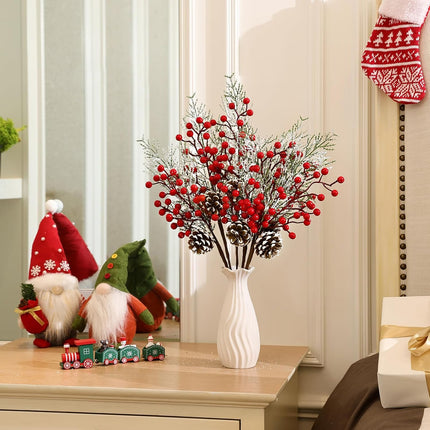 Topotdor Christmas Red Berries Stems Floral Picks, 16 Inch Artificial Pine Branches with Red Berries and Pine Cones for DIY Christmas Garland Wreath Crafts, 6PCS