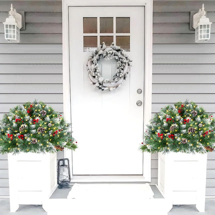 Outdoor Christmas Tree Frosted Urn Filler 2 Set, Pre-lit Artificial Flocked Xmas Tree with Cones & Red Berries, Small Christmas Tree with 70 Warm Lights
