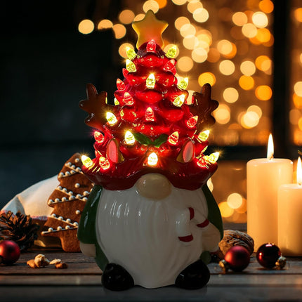 pinata Deer Ceramic Christmas Tree Gnomes, Christmas Kids Women s Lighted Small Christmas Tree Christmas Decorations Indoorhome Room Table Top, LED Farmhouse Reindeer Decor Figurine (Red Green)