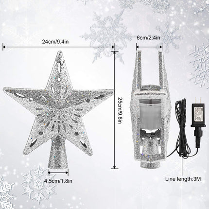 BLOOMWIN Christmas Tree Topper Lighted with Snowflake Projector, LED Rotating Hollow Snowflake, 3D Glitter Lighted Silver Snow Tree Topper for Xmas Tree Festival Decorations Lights