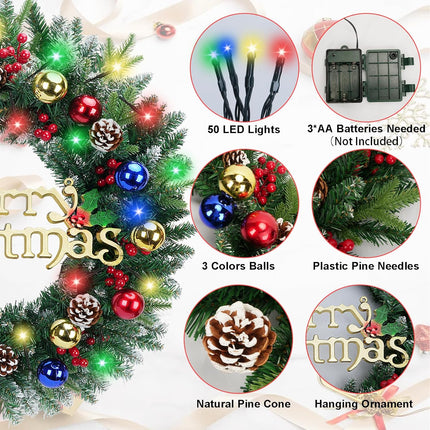 24 Inch Christmas Wreath with 50 LED Lights, Artificial Christmas Wreath for Front Door with Pine Cones Berry 8 Modes Battery Operated Christmas Wreath for Windows Fireplace Outdoor Xmas Decor