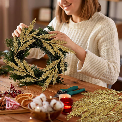 12 Pcs Christmas Artificial Pine Needles Faux Cedar Branches 17 Inch Glitter Fake Foliage Pine Stems Picks Christmas Tree Ornaments for DIY Xmas Garland Wreath Crafts Decoration(Gold)