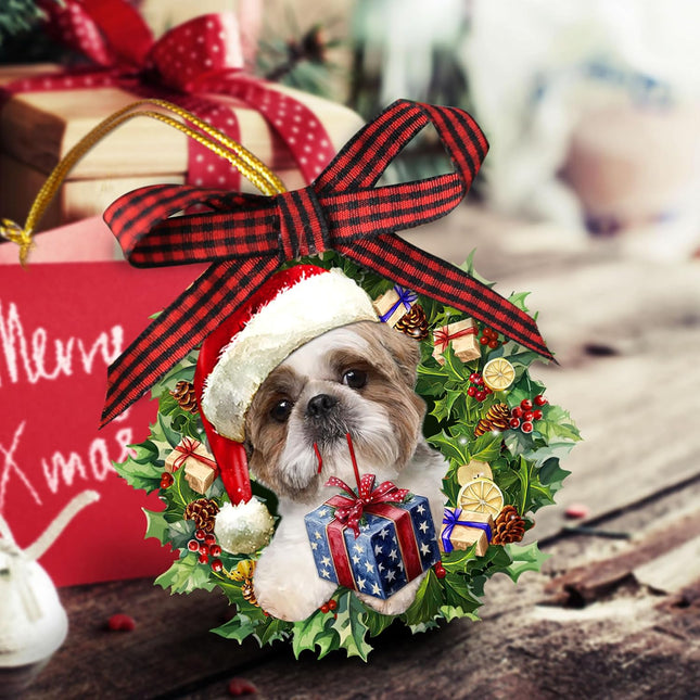 Talataca Shih Tzu Wearing A Christmas Hat Wreath Dog Lover 2D Flat Christmas Tree Wood Ornament Decor Wooden Hanging Decoration House Present Xmas Eve Keepsake Decorative