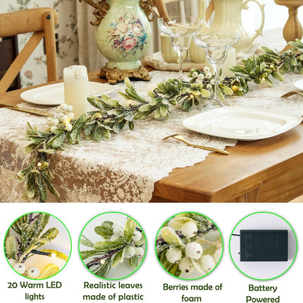 6 FT Lighted Christmas Garland Pre-lit with 20 LED Lights, Battery Operated, Christmas Garland Decorated with Snowflake for Mantle Stairs Wall, Indoor Outdoor Olive Garland for Christmas Decorations
