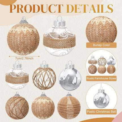 28 Pcs Farmhouse Christmas Ornaments Rustic Burlap Christmas Tree Ornaments Decoration Hanging Burlap Christmas Ball Ornament Burlap Garland Ribbon for Xmas Christmas Holiday Party