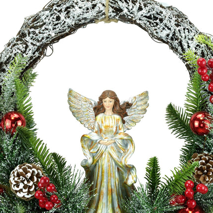 YULETIME 24" Angel Christmas Wreath, Artificial Holiday Wreath with Resin Angel Statue, Natural Rattan Ring & Pine Cones, Golden Leaves, Red Baubles, Spruce Branches, Snowy Pine Needles (Angel)