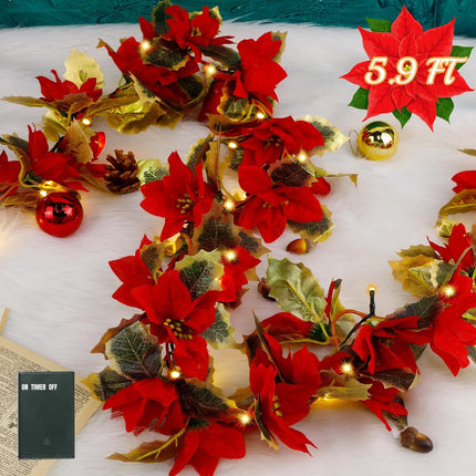 Glintoper Christmas Poinsettia Garland, 5.9 FT Lighted Artificial Garlands with 36 Red Flowers, Battery Operated with Timer Poinsettia String Lights, Light up for Xmas Year Home Decor