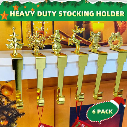 Christmas Stocking Holders - Set of 6 Snowflake, Reindeer, Tree, Snowman, Bell & Wreath for Mantel Decoration Silver Gold