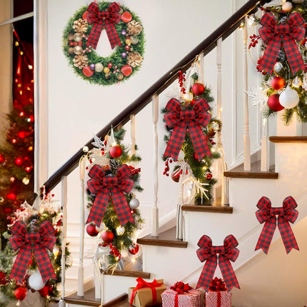 12 Pack Christmas Wreath Bow Buffalo Plaid Bows, Red and Black Christmas Tree Bows Xmas Bows Decoration for Indoor and Outdoor, (8 x 10 Inches)