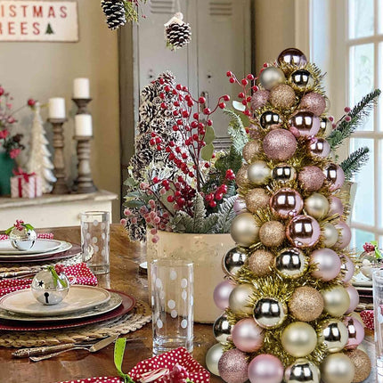 16" Mini Christmas Tree, Small Xmas Tree Decorations with 94 PCS Shatterproof Christmas Ornaments Balls for Christmas Party Centerpiece -Gold Pink