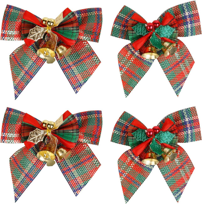 Christmas Ornament Bows Decorations, 4 pcs Vintage Plaid Bows Decor for Christmas Tree and s Decoration, Cute Bows with Jingle Bells for Christmas Garland, Crafts, Wrapping