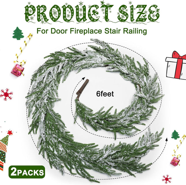 Jutom 6 ft Cedar Garland Artificial Realistic Norfolk Pine Garland Christmas Greenery Garland with White Snow Xmas Decorations for Mantels, Fireplace, Holiday Decor Indoor or Outdoor(2 Pcs)