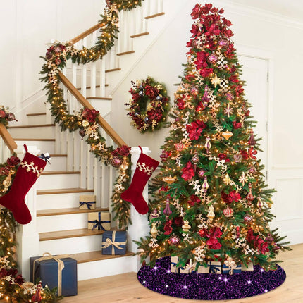Purple Tree Skirt 46 Inches Sequin Christmas Tree Skirt Collar Velvet Xmas Tree Skirts Large Outdoor Tree Skirt Cover Metallic Tree Mat for 8FT Trees Glitter Tree Skirt Christmas Decorations