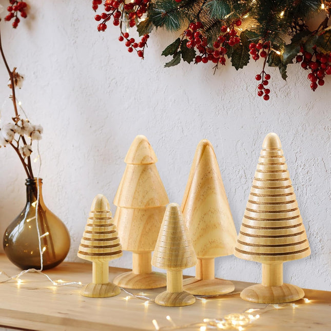 5 Pcs Large Vintage Wooden Christmas Tree Farmhouse Handmade Wood Christmas Trees 6.5inches and 4inches Rustic Christmas Trees Set Xmas Table Centerpiece Figurines for Table Decoration