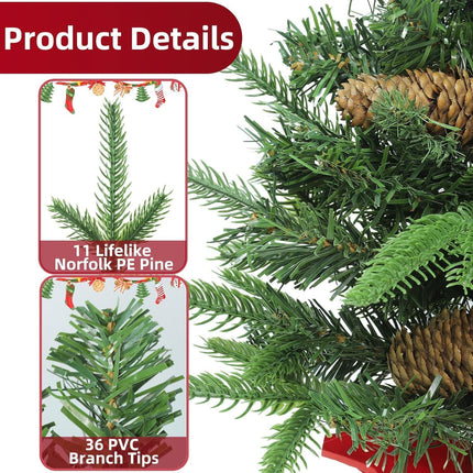 Tabletop Christmas Tree with Lights, Realistic-Feel Norfolk Pine 18 Inch Artificial Small Christmas Trees Timer 20 LED Lights Large Pine Cones, Mini Xmas Tree for Christmas Indoor Holiday Home Decor