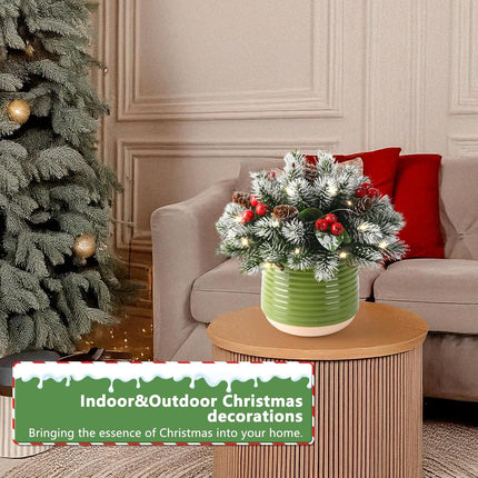 Artificial Christmas Hanging Basket,17 Inch Hanging Small Christmas Tree,Snow Flocked Christmas Tree with Pine Cones and Berry Clusters for Front Porch Garden Patio Outdoor Christmas Decoration