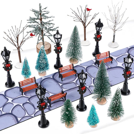 Hiboom 32 Pcs Christmas Figurine Village Accessories Mini Village Trees Frosted Christmas Pine Trees Cobblestone Street Accessory Figurine Village Display for Xmas Winter House Decor