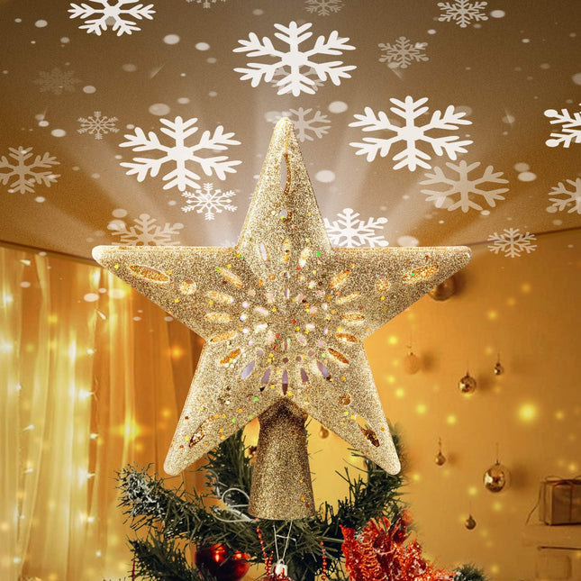 Christmas Star Tree Topper with Built-in Led Snowflake Projector Lights Hollowed Pentagram Tree Topper,Plug in Christmas Tree Ornament for Indoor Office Xmas Year Holiday Tree Decoration