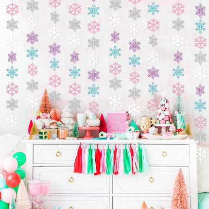 Winter Snowflake Hanging Decorations, Glitter Purple Pink Silver Christmas Snowflakes Hanging Garland Frozen Party Decorations for Winter Wonderland Baby Shower Frozen Birthday Party Decorations