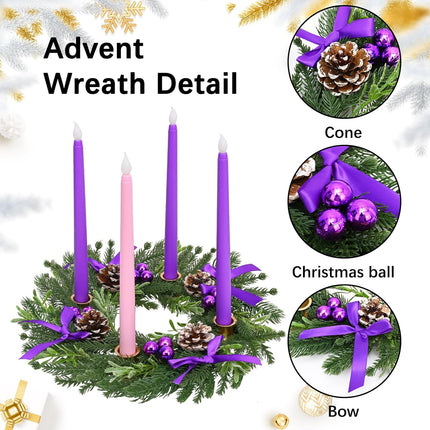 Dolicer 13.5 Inch Christmas Advent Wreath Candle Holder, Cone Purple Bow Christmas Wreath Advent 4 Candle Holders for Xmas Centerpiece Decor Winter Holidays Home Decor