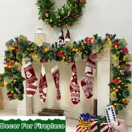 Remote Control&Timer&8 Modes 9Ft by 10 Inch 50 LED Prelit Christmas Garland Decorations Warm Lights Thick 300 Lifelike Snowy Tips 198 Red Berries 18 Pinecones Xmas Garland Fireplace Door Stairs Home