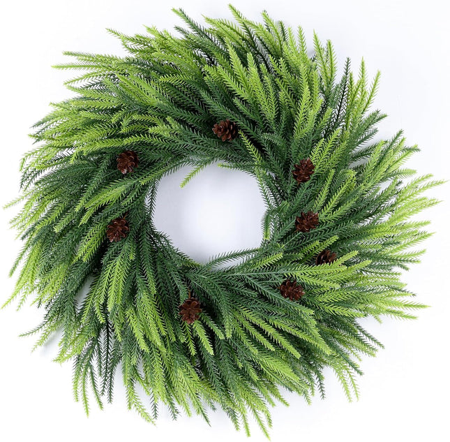 Christmas Wreath Decorations, 26" Norfolk Pine Wreath with Natural Cones, Realistic Christmas Door Wreaths for Indoor Outdoor Window Wall Holiday Decor, Artificial Real Touch Green Wreath Greenery