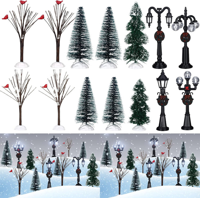 14 Pcs Christmas Accessories Village Figurine Miniature Pine Trees Snow Artificial Christmas Trees Bare Branch Trees Street Lights Lamps for Xmas DIY Crafts Winter Room Landscape (Fresh Style)