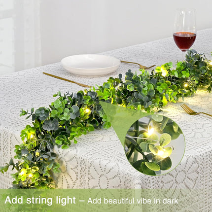 BLEUM CADE 2 Pack Faux Eucalyptus Garland with Lights, 5.9 FT Artificial Greenery Garland Fake Garland Hanging Eucalyptus Vines for Home Decor Party Home Table Decoration(Grey Green)