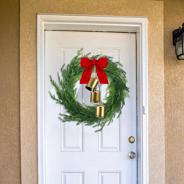 Jutom Realistic Norfolk Pine Wreath with Velvet Ribbon Faux Christmas Norfolk Pine Wreath with 3 Pcs Rustic Vintage Iron Bells for Christmas Holiday Seasonal Indoor Home Decor (Red)