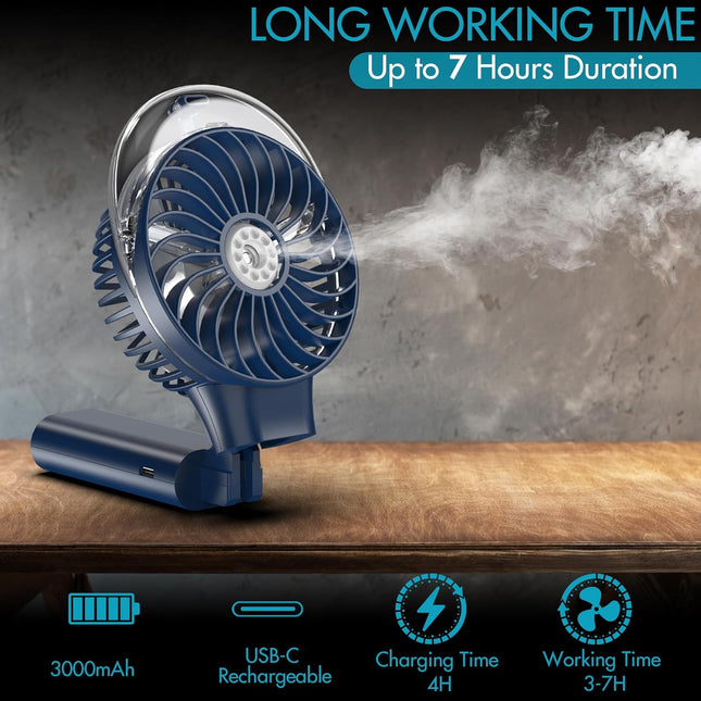 Comlife Portable Handheld Misting Fan, 3000Mah Rechargeable Battery Operated Spray Water Mist Fan, Foldable Mini Personal Fan