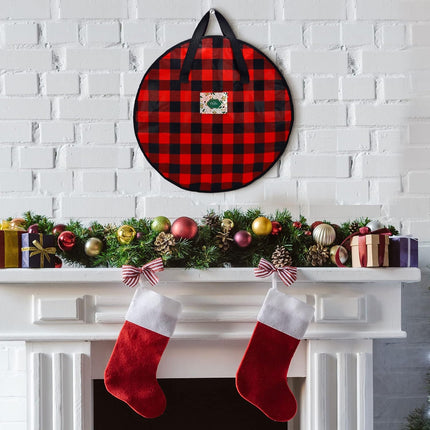 4 Pcs Christmas Wreath Storage Bag 24 Inch 30 Inch Large Buffalo Plaid Wreaths Storage Container Zippered Wreaths Holder with Handles for Xmas Holiday Party Seasonal Storage Wrapping(Black and Red)