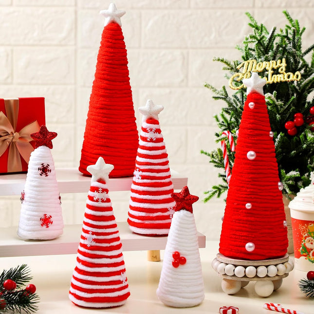 6 Pcs Christmas Table Decorations Mini Christmas Trees Yarn Trees Red and White Farmhouse Decor Tabletop Xmas Ornaments for Home Table Indoor Kitchen Room Holiday Tiered Tray