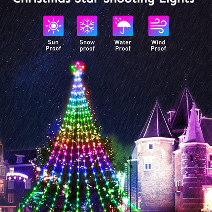 Outdoor Christmas Star String Lights, Smart RGB Waterfall Tree String Light with APP Remote Control, DIY Modes Dimmable Timer Music Sync Shooting Star Fairy Lights for Indoor Outdoor Garden Decoration
