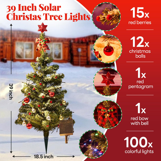 Solar Christmas Tree Lights Outdoor, 39 Inches Solar Powered Christmas Lights Outdoor Waterproof, 100 LED Christmas Decorations Lights Outside, 8 Modes Outdoor Xmas Tree Decor For Yard Garden Cemetery